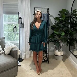 Emerald Green Ruffle Mini Dress – Size S | Long Sleeve, Open Back, Tiered Hem